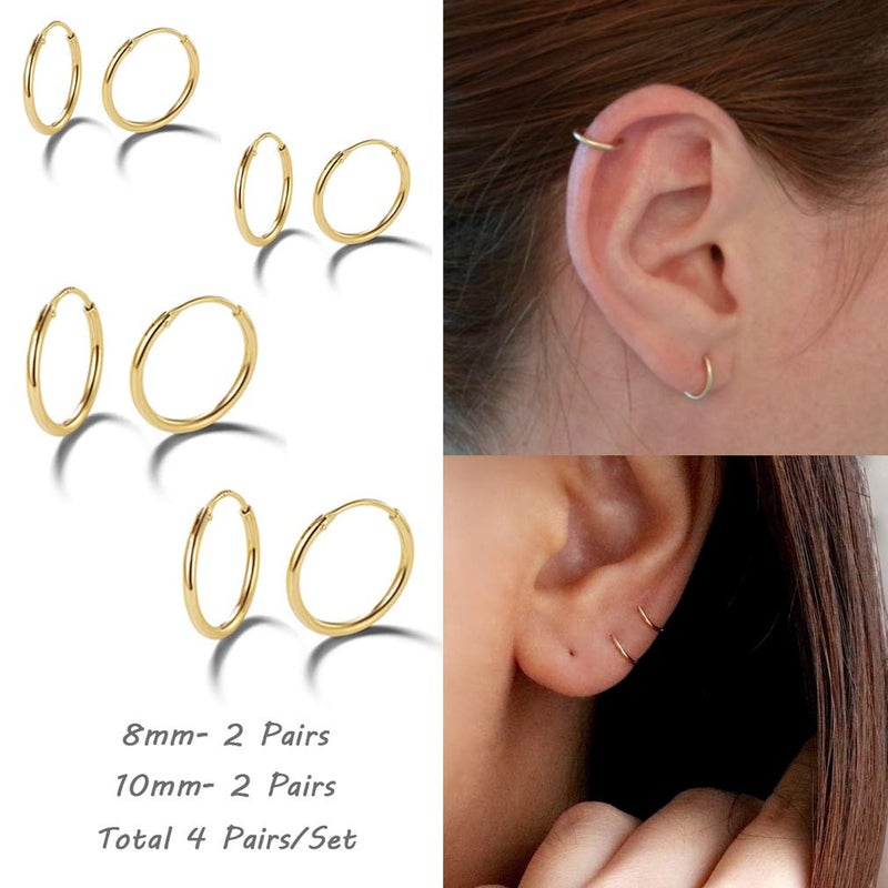 EPIRORA EPIRPRA Silver Hoop Earrings- Cartilage Earring Small Hoop Earrings for Women Men,4 Pairs of Hypoallergenic 925 Sterling Silver Tragus Earrings(Gold,8mmx2+10mmx2) - Image 2
